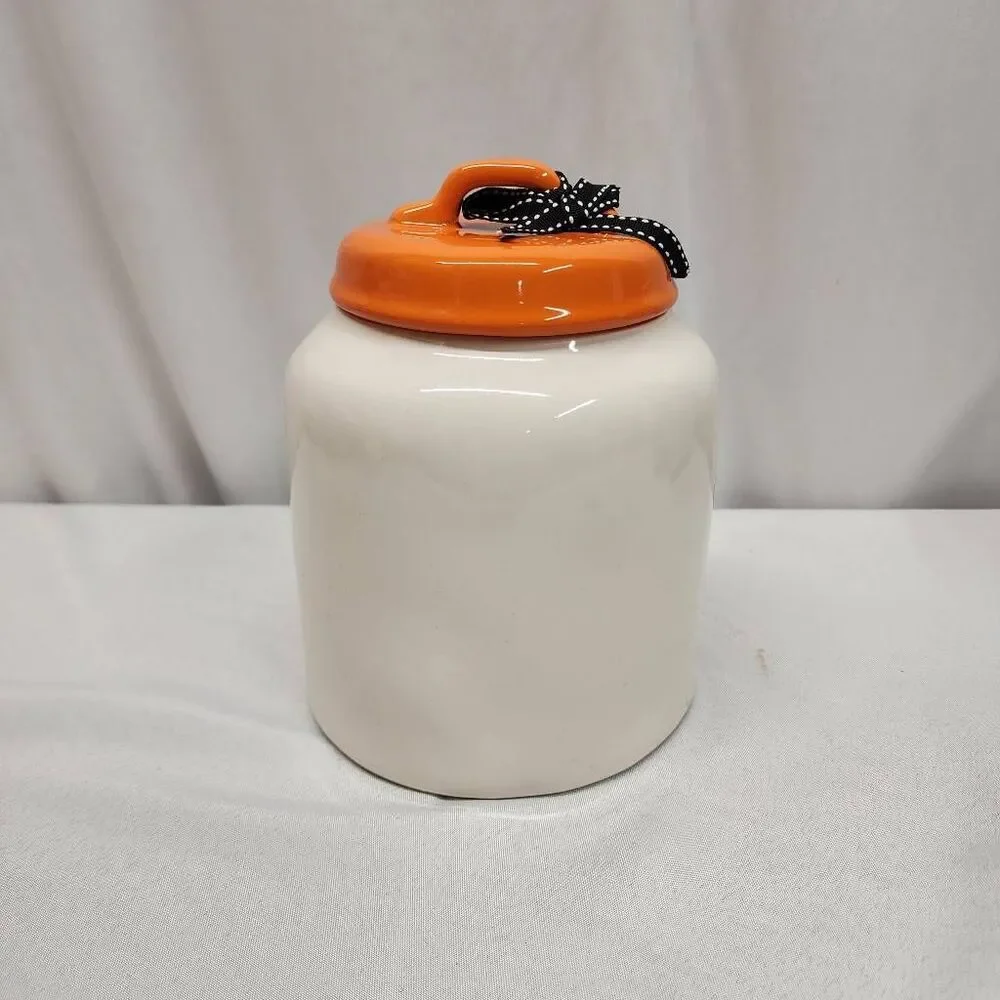 Rae Dunn TRICKS AND TREATS Halloween Canister Orange Lid Ceramic Cookie Treat Ja